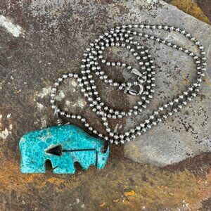 High Grade Turquoise Zuni Bison Fetish Pendant Sterling Silver Necklace